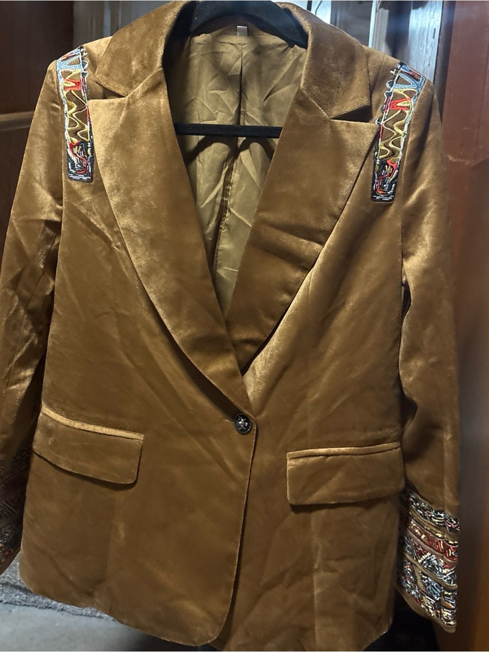 Women's Brown Velvet Blazer with Embroidered Trim